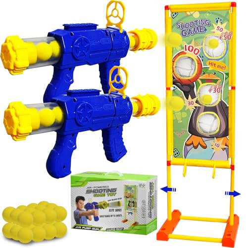 Bewegliche Zielscheibe Set für Kinder, 2 Popper Air Guns mit 24 Schaumstoffbällen, Indoor Outdoor Spielzeug Pistole ab 5 6 7 8 9 10+ Jahre Jungen Mädchen Rollenspiele