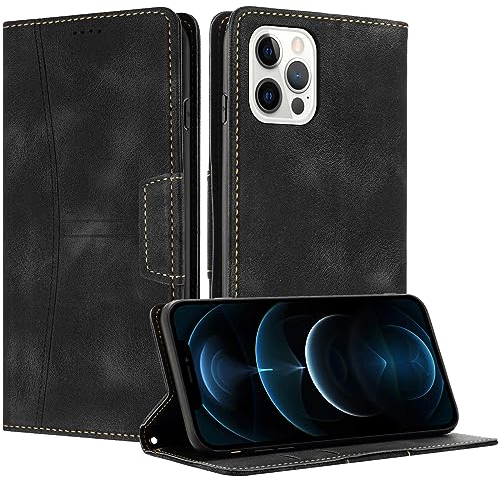 Radoo Kompatible iPhone 12 Pro Max Hülle, Faltbare PU Premium Leder Flip Handyhülle mit Kartensteckplatzständer Magnetverschluss Stoßfeste Lederhülle (Schwarz)
