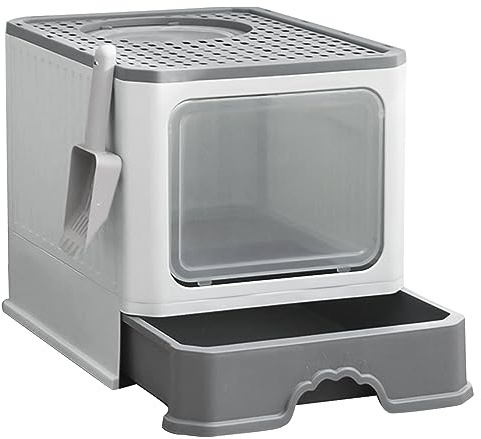 Lettiera per Gatti Chiusa in PP con Paletta Inclusa, Cassetta Igienica per Gatto con Vassoio Estraibile e 2 Porte, 50 * 35 * 38 CM-grigio