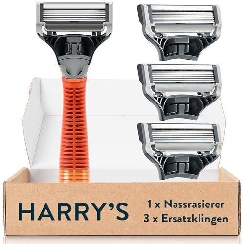 Harry’s Nassrasierer für Männer – Rasier-Set mit orangefarbenem Griff, 3 Ersatz-Rasierklingen