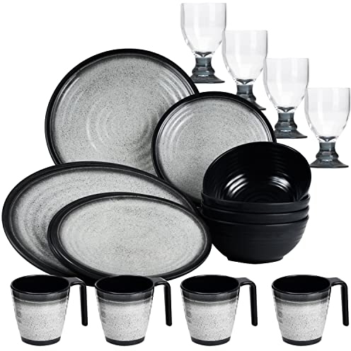 Melamin Geschirr Set für 4 Personen Grau Granit-Optik 20 Teile - mit Stapeltassen und grauen Trinkgläsern 410 ml - Campinggeschirr Geschirrset Tafelgeschirr - Spülmaschinengeeignet Outdoor Camping