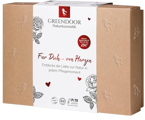GREENDOOR Geschenkset Von Herzen, 24 Stück GREENDOOR Naturkosmetik Produkte in kleinen Packungsgrößen, Rabatt Codes auf den Faltschachteln, Geschenke, Muttertag