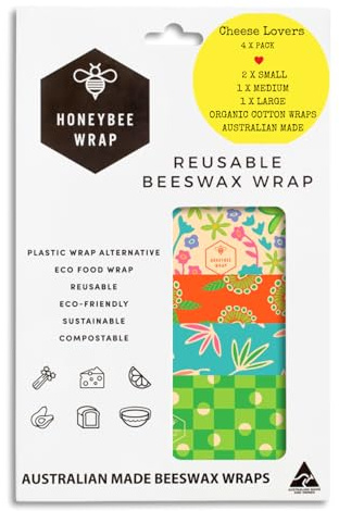 Honeybee Beeswax Wraps - Cheese Lovers Assorted Pack - Certified Organic Cotton Reusable Beeswax Wraps for Food - Plastic Wrap & Sandwich Bags Alternative - 4 Pack - Small, Medium & Large