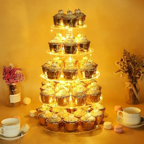 Ulifeme 5 Livelli Cupcake Stand, Alzata Torre Rotonda in Acrilico con Luci Gialla a LED Stringa, Porta Torte Albero Dessert per Compleanno, Matrimonio, Anniversario & Decorazione per Feste