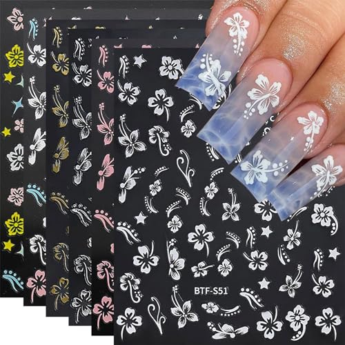 Irikdescia 6 Pcs Flower Pattern Nagelsticker, 3D Stereoskopisch Selbstklebend Nail Art Sticker, Weiße Rosa Gold Blumen Sommer Nagelsticker für Frauen und Mädchen