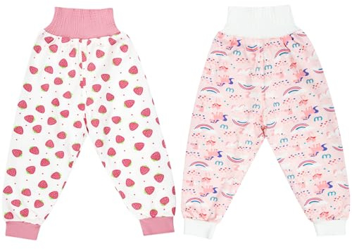 MOEMOE BABY Pantalon Propreté Enfant Nuit,Jupe Apprentissage Propreté,Pantalons de Couche, Jupe de Couche Imperméable,Pantalon Impermeable Enfant Garçon Fille,2-3 Ans,Lot de 2,Rose,S