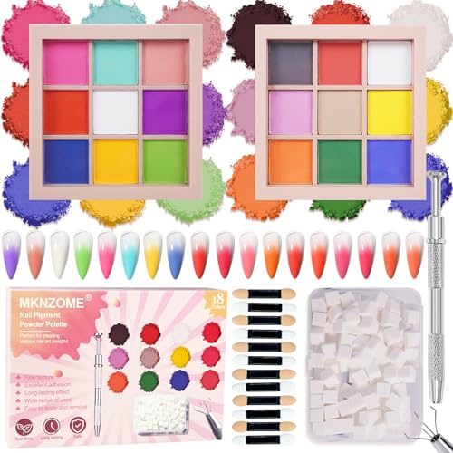 MKNZOME 18 Farben Pigment für Nägel, Nagelpulver Nail Powder 100 Stück Nail Art Schwamm mit Metallgreifer, Ombre Glitzerpulver Nagelpuder Nailart Nagel Deko für DIY Nageldesign, E+F