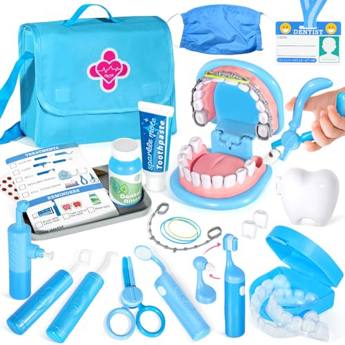 Dentist Playset for Boys with Oversized Pretend Teeth /Removable Teeth /Braces /Retainer - Kids Doctors Play Set - Teeth Model for Teaching - Role Play Toys for Kids 4-6 (Blue)