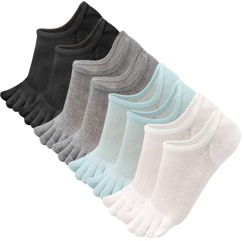 Soleeya 4 Pares Calcetines Tobilleros Mujer con Dedos de Bambú 35-38, Transpirables Invisibles Calcetines Cortos 5 Dedos con Antideslizantes Silicona Bajos Multicolor para Verano