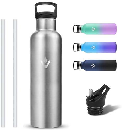 Grsta Botella Agua Acero Inoxidable, Sin BPA Botella Termica 1 litro a Prueba de Fugas, Termo con Pajita y Filtro, Reutilizable Cantimplora Termica con 2 Tapones para Oficina, Cámping, Senderismo