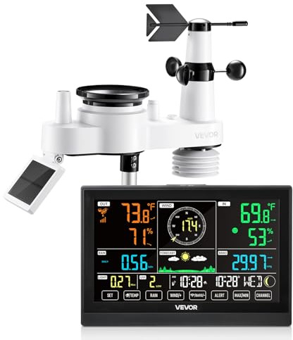 VEVOR Station Météo Sans Fil 7 en 1, Station Météo Solaire Intérieur Extérieur, avec Écran VA 190,5 mm, Capteur, Prévisions, Température, Humidité, Vitesse et Direction Vent, Précipitations, Sans Wifi