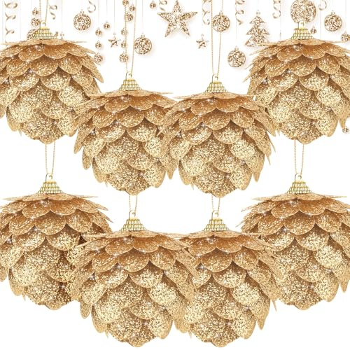 Sratte 8 Pcs Valentine Ball Ornaments Artificial Pinecone Hanging Ornaments Glitter Winter Faux Flower for Xmas Decor, 3.15/2.36 Inch(Gold)
