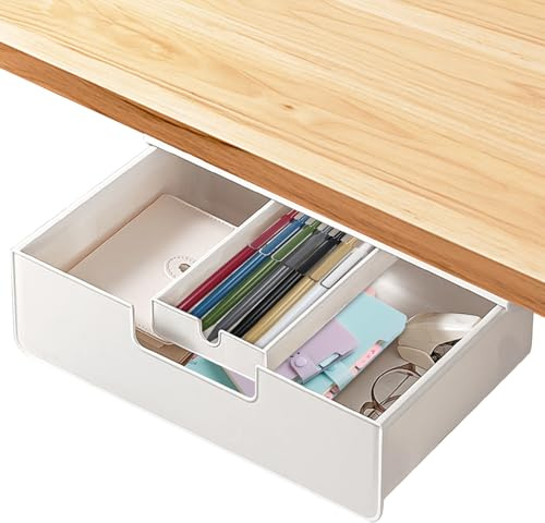 Plstod Sottopiano, cassetto da scrivania sotto scrivania, cassetto sottostruttore, autoadesivo, con 2 tipi di montaggio (viti e autoadesive), per ufficio, casa, scuola (bianco)