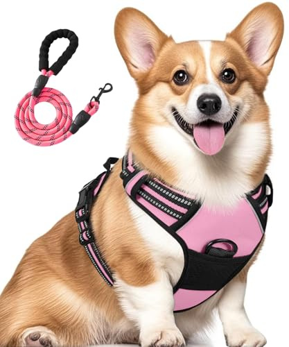 Jomkig No-Pull Adjustable Pet Harness with Free 5ft Leash Medium Breathable Dog Vest Reflective Padded Dog Harness for Outdoor Walking Training, Pink, Medium