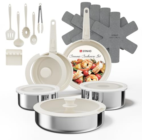 Sanho 21-Piece Pots and Pans Set, Ceramic Nonstick Cookware with Detachable Handles, 4-Layer Stainless Steel & Aluminum Core, Induction Hob Pan Set, Oven Safe, PFAS PFOA Free (Beige White)