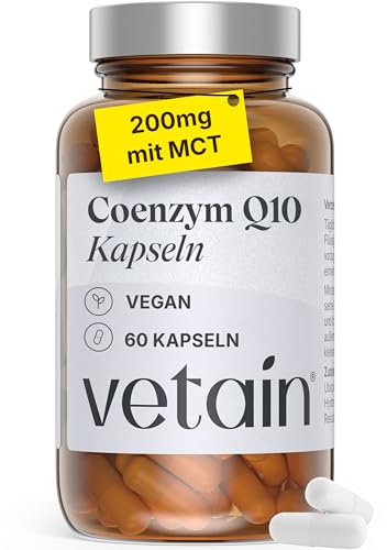 VETAIN Coenzym Q10 200mg - Hochdosiert mit Ubiquinon & MCT - Aus pflanzlicher Fermentation - 60 vegane Kapseln - 2 Monate Vorrat - Ohne Zusatzstoffe - Laborgeprüft & produziert in Deutschland