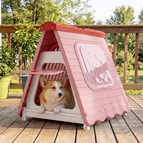 COSTWAY Hundehütte Outdoor, Hundehaus klappbar aus Kunststoff, Hundehöhle tragbar mit abschließbarer Klappe, belüftete Fenster, für kleine & mittelgroße Hunde, 72 x 60 x 68 cm (Rosa)