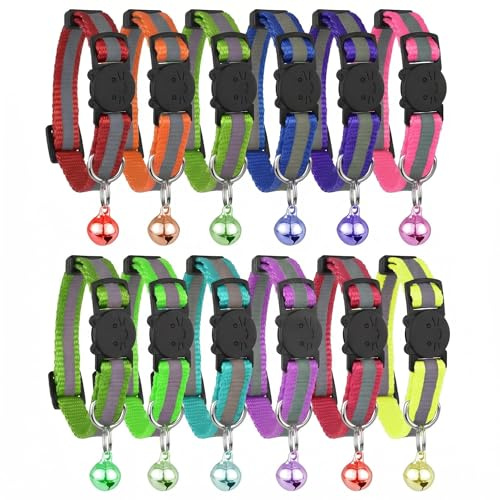 Psxixjsm 12PCS Katzenhalsband mit Glöckchen, Sicheres reflektierendes Kittenhalsband mit praktischer Schnellöffnung und Glocke, Verstellbares personalisiertes Halsband für Kätzchen