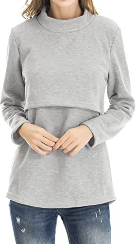 Smallshow Women's Fleece Nursing Tops Shirts Long Sleeve Breastfeeding Clothes Medium Light Grey