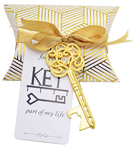 50pcs Favor de la Boda Regalo de Recuerdo Set Almohada Caja de Dulces Esqueleto de la Vendimia Llave Abrebotellas Escort Gracias Etiqueta French Ribbon