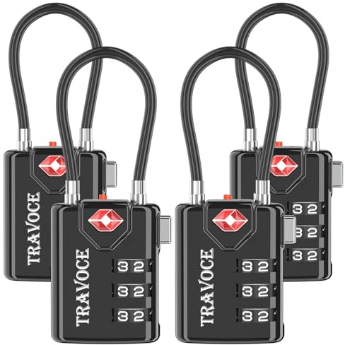 TRAVOCE TSA Approved Luggage Locks - Heavy Duty 3 Digit Combination Cable Lock, Search Alert for Suitcases, Backpacks, Golf Bags, Tents, Violin and Camera Cases, 4 Pack, Black
