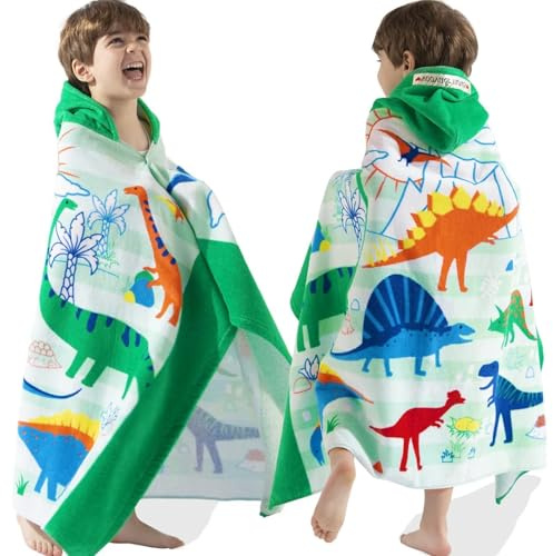 VOOVA & MOVAS Dinosaur Hooded Beach Towel for Kids Age 3-8, Large 30x50 100% Cotton Ultra Absorbent Wearable Wrap, Bath Towel for Beach Pool Swim, Birthday Gift for Kids