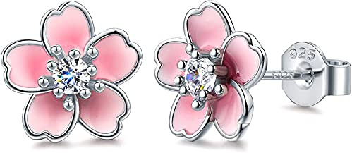 AllenCOCO Pink Flower Earrings for Women, 925 Sterling Silver Stud Earrings, Cute Plumeria Earrings For Girl, Cherry Blossom Hypoallergenic Stud