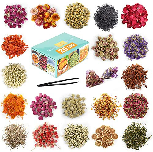 20 Beutel getrocknete Blumen, 100 % natürliche getrocknete Blumen, Kräuter-Set für Seifenherstellung, DIY-Kerzenherstellung, Bad – inklusive Rosenblätter, Lavendel, Vergessen Sie mich nicht, Lilium,