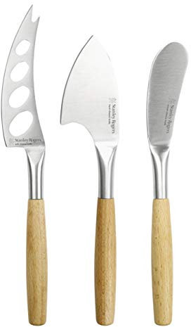 Stanley Rogers Käsemesser-Set, hochwertige Käseschneider ideal für Hart-, Weich- & Frischkäse, geschlitztes Messer mit Edelstahlklinge, langlebiges Käsebeil (Farbe: Silber/Braun), Menge: 1 x 3er Set