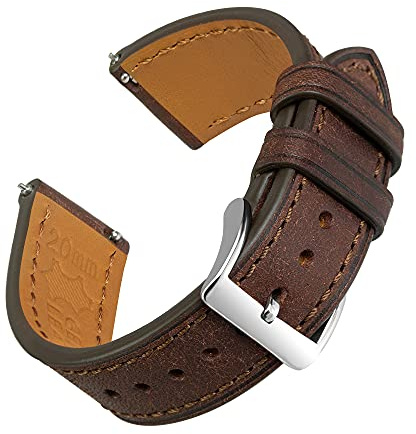 EACHE Top Grain Uhrenarmband 20mm Leder, Schnellverschluss, Braun, Silber | Schnellverschluss, Pueblo-Mattstruktur, Zermatt-Futter, Serafil-Nähte, Versiegelte Kanten