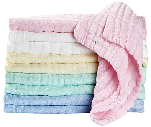 Koo-dib Baby Musselin Waschlappen Tuch Baby Mullwindeln Spucktücher Handtücher Weiche Neugeborene Gesichtstücher Saugfähig Junge Mädchen Sabberlätzchen 10 Stück 25x25 cm lätzchen