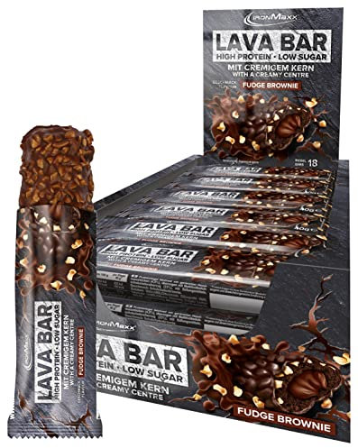 IronMaxx Lava Protein Bar Fudge Brownie - 18 x 40g High Protein Riegel mit bis zu 34% Eiweiß, Zuckerreduzierter Riegel mit cremigem Kern und knusprigem Topping