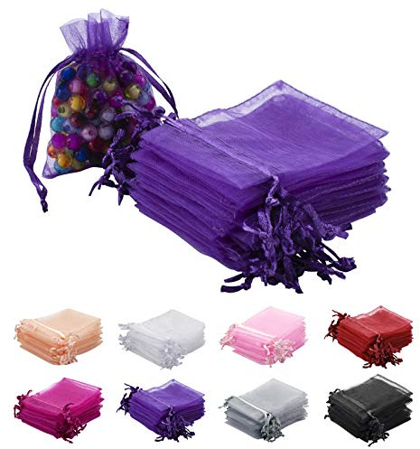 RSXING 100 Stück Kleine Organzasäckchen, 7 * 9cm Schmuckbeutel Farbe Organza Taschen mit Kordelzug Geschenkbeutel für Hochzeiten Partys Weihnachten Lavendelsäckchen Geschenk Schmuckbeut (Violett)