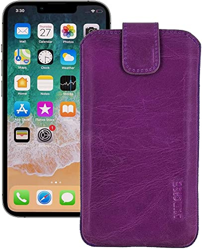 Suncase Etui Tasche kompatibel mit Apple iPhone 13 Mini (5.4) mit ZUSÄTZLICHER Hülle/Schale/Bumper/Silikon *Lasche mit Rückzugfunktion* Handytasche Ledertasche Schutzhülle Case in antik-lila