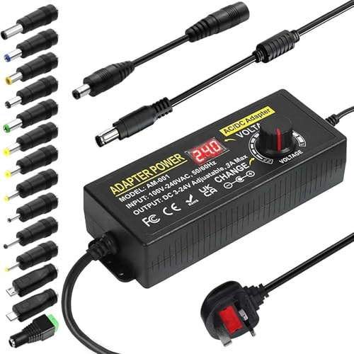 Adjustable Power Supply, 3V-24V 3A 72W DC Variable Universal AC/DC Adapter 100V-240V AC to DC Converter with Multiple Converter Heads & LED Voltage Display
