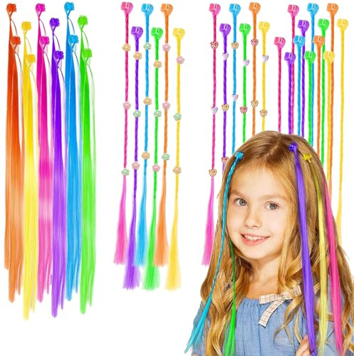 HQCM 36 fermagli per capelli per bambini, 4 stili di extension per capelli colorate con perline colorate, accessori per ragazze trecce arcobaleno in kit di trecce colorate pezzi colorati per feste