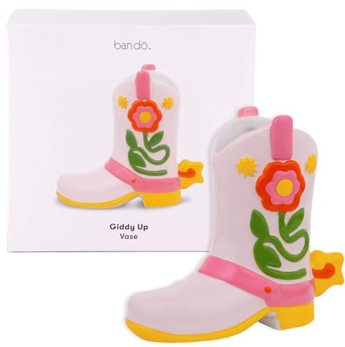 ban.do Small Cowboy Boot Vase, Cute Cowgirl Boot Vase, Colorful Ceramic Shelf Decor for Home or Office, Unique/Quirky/Funky/Fun Flower Doubles as Pencil Cup, Giddy Up