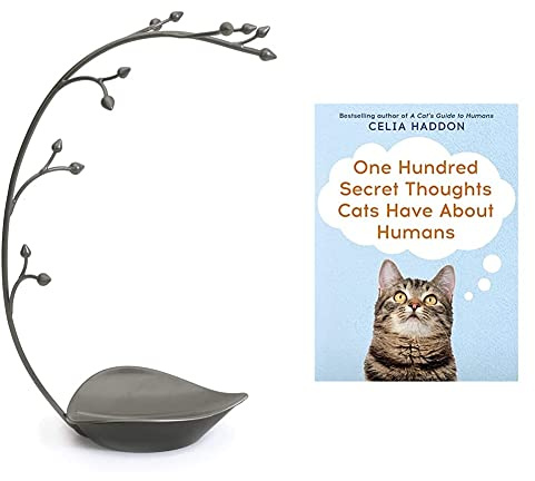Umbra Orchid Jewelry Hanging Tree Stand - Multi-Functional Necklace Holder Display Organizer Rack With a Ring Dish Tray, Gun Metal & One Hundred Secret Thoughts Cats Have About Humans