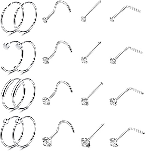 JeweBella 20 Pezzi Piercing Naso Acciaio Chirurgico per Donna Uomo Naso Cerchio Bottone Set Orecchini Trago Helix Conch Piercing Gioielli Argento Oro 18G 20G 22G