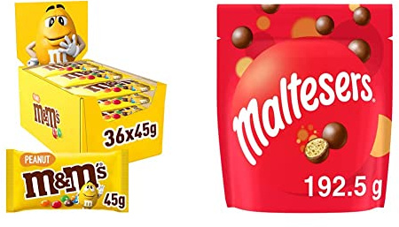 M&M'S PEANUT - Bonbons chocolat au lait et cacahuètes - Grand format contenant 36 sachets de 45g & MALTESERS - Bonbons chocolat au lait cœur croquant - Sachet de 192,5g