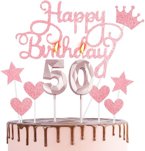Happy 50th Birthday Cake Topper & Candles - Rose Gold Number 50 for Cake Decorations - Rose Pink Cupcake Topper for Women Her Celebration