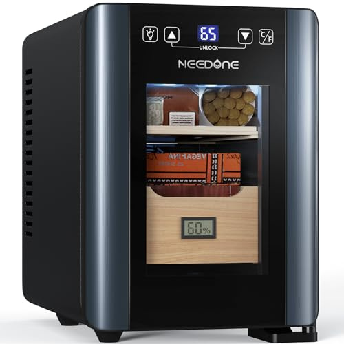 NEEDONE Cigarrhumidor 8 l med värme- och kylkontroll, tyst termostatisk elektrisk kylskåp för 80 stycken med spanska cederträhyllor och låda med hygrometer, present till män