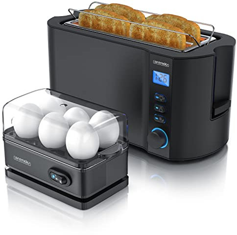 arendo Set Ensembles Grille-Pain MANHA et cuiseur à Oeufs SIXCOOK INOX Noir, Toaster 4 tranches écran LED 6 degrés de brunissage Support viennoiserie Cuiseur à Oeufs 1-6 Oeufs Verre doseur