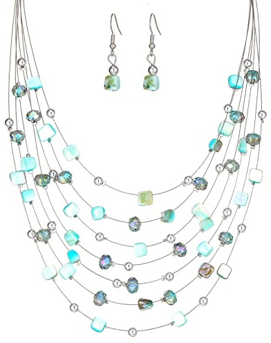 FULU AUTUMN Boho Mehrschichtige Perlenkette Damen Perlen Statement Kette und Ohrringe Set Modeschmuck für Mütter Frau Oma Mode Geschenke(Turquoise)