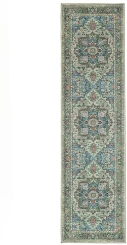 RugVista Georgia Oriental Teppich, 80 x 300 cm, Grün/Multi | Orientalische, Rechteckig, Mittlerer Stapel, Maschinenwäsche, Oeko-Tex 100, Wohnzimmer, Schlafzimmer, Küche, Diele