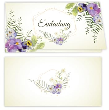 250 Einladungskarten für Hochzeit, Standesamt, Geburtstag, Konfirmation, Kommunion, Jugendweihe, Taufe, Geburtstag Jubiläum. Klappkarten DIN lang (21 x 10,5 cm). Blumenmuster Veilchen Viola Pastell