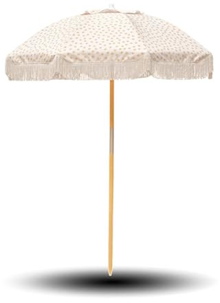 Parasol de Plage À Franges, 180cm Parasol de Jardin Boho avec Inclinable et 8 Baleines, Mât en Bois pour Patio, Piscine, Extérieur