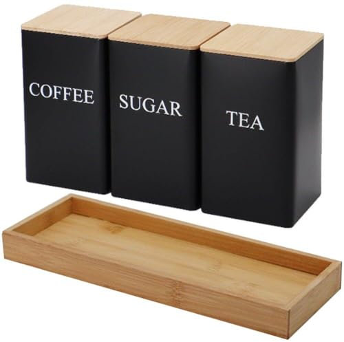 Lpitoy Tarros Metálicos para Almacenamiento De Azúcar, Té Y Café, Almacenamiento De Granos De Café con Tapa De Bambú, Lata De Té con Bandeja De Madera, Suministros De Cocina