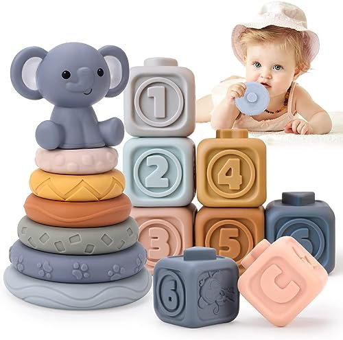 REMOKING Montessori Spielzeug für Babys, 13 PCS Baby Bausteinspielzeug, Stapelspielzeug Lernspielzeug, Baby Motorik Spielzeug Geschenke für 0-3-6-12 Monate Jungen und Mädchen