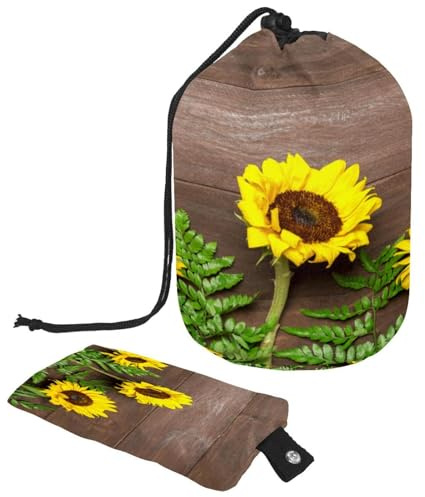 Trousse de toilette avec cordon de serrage, feuilles de fougère et tournesols sur fond en bois en forme de tonneau, trousse de toilette de voyage + petit sac, multicolore,